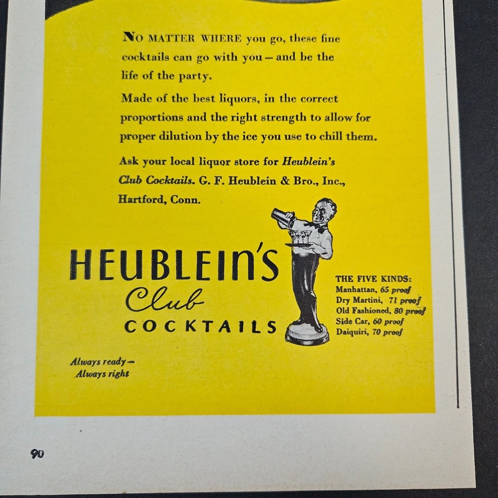 1945 GF Heublein & Bro Club Cocktails Vintage Print Ad Hartford CT Kangaroos